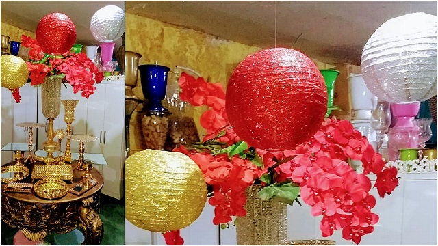 Luminárias estilo chinesas em ouro, prata e vermelha. Fotos: Hermes Amorim.