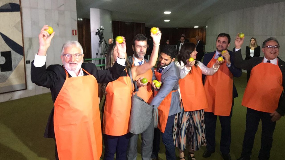 Parlamentares do PSOL se vestiram de laranja para fazer referência ao "laranjal" do PSL durante passagem de Bolsonaro pelo Congresso — Foto: Guilherme Mazui/G1