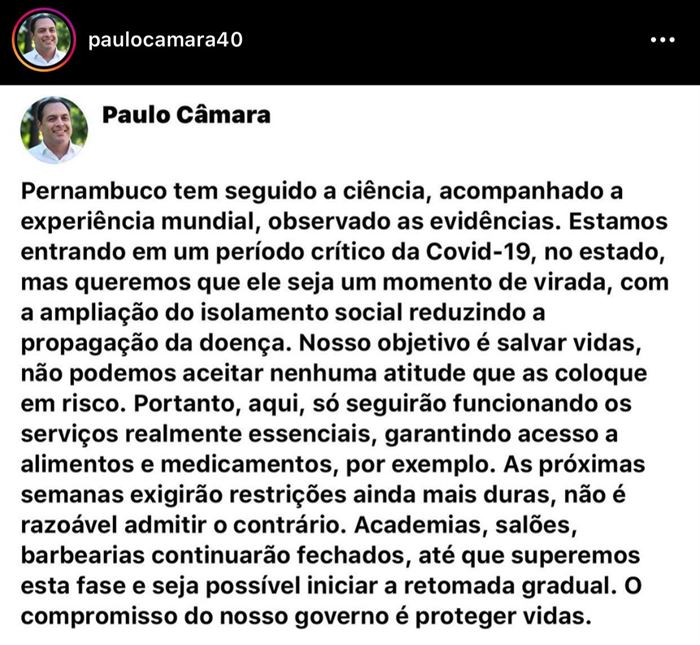 Mensagem do governador Paulo Câmara - Crédito: Reprodução/Instagram